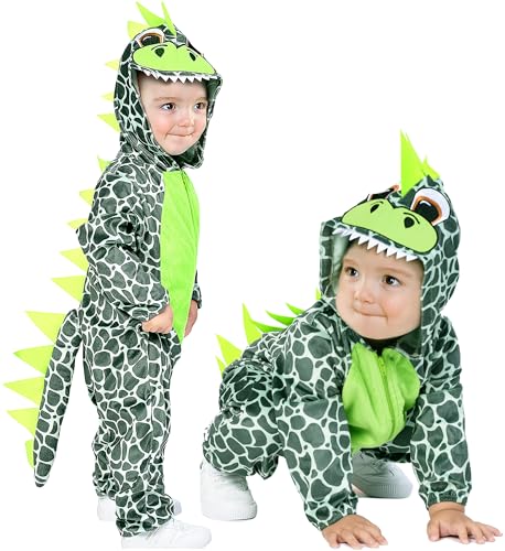 IKALI Kinder Dinosaurier Kostüm, Mädchen Jungen Kapuze Drachen Dino Jumpsuit, Tier Onesie für Kleinkinder Unisex Grün 12-18 Monat von IKALI