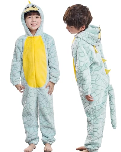 IKALI Dino Kostüm für Kinder, Dinosaurier Onesie Jungen Mädchen Dragon Hoodie Jumpsuit Karneval Fasching Grün Outfit 7-8 Jahre von IKALI