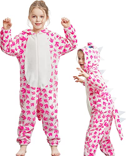 IKALI Dino Kostüm für Kinder, Dinosaurier Onesie Jungen Mädchen Dragon Hoodie Jumpsuit Karneval Fasching Rosa Outfit 8-10 Jahre von IKALI