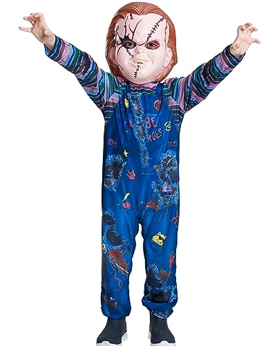 IKALI Kinder Halloween Mörderpuppe Kostüm Jungs Mädchen Chucky Fancy Dress Up Outfit Mut Overall mit Maske 7-8Jahre von IKALI