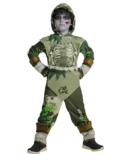 IKALI Kinder Halloween Ninja Zombie Kostüm Jungen Mädchen Skelett Kostüme Outfit Toter Schädel Overall mit Kapuze, Handschuh 3-4 Jahre von IKALI