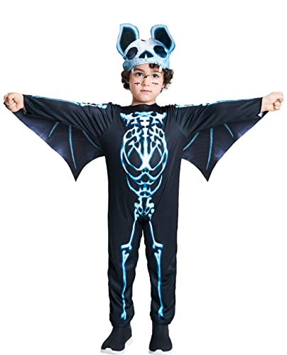 IKALI Kinder Halloween Skelett Kostüm Jungs Mädchen Schläger Knochen Overall Mein Zuerst Verrücktes Kleid mit Flügel Schläger Ohr Hut 3 Stücke 3-4Jahre von IKALI