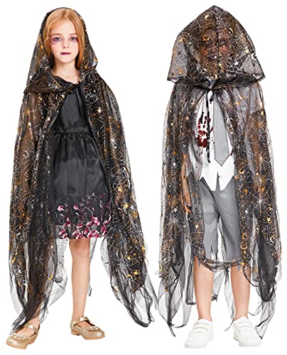 IKALI Kinder Halloween Umhang Kapuzen Robe Umhang, Spinnennetz gedruckt schwarze Spitze Kostüm, Party Dress Up Geschenk für Jungen Mädchen Zauberer Unisex Gothic Outfit 110-170 IKALI Kinder Halloween Umhang Kapuzen Robe Umhang, Spinnennetz gedruckt schwarze Spitze Kostüm, Party Dress Up Geschenk für Jungen Mädchen Zauberer Unisex Gothic Outfit 110-170 von IKALI