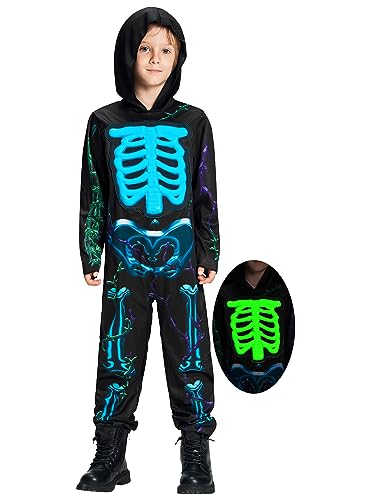 IKALI Kinder Leuchte im Dunkeln Skelett Kostüm Halloween Knochen Glow in the Dark Kapuzen Outfit Jungen Mädchen Schädel Anzug 3-4Jahre von IKALI