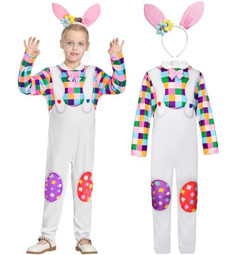 IKALI Kinder Osterhase Kostüm, Kaninchen Fancy Dress Outfit Tier Overall Onesie mit Stirnband für Mädchen Karneval Ostern Halloween 8-10 Jahre von IKALI