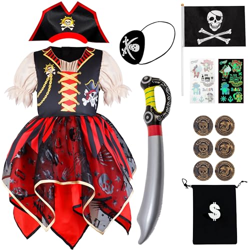 IKALI Kinder Pirate Kostüm, Mädchen Piraten Kleid Kinder Fancy Dress Outfit für Halloween Karneval Party 3-4 Jahre von IKALI