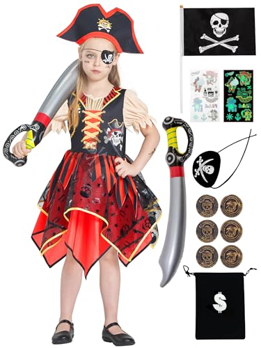 IKALI Kinder Pirate Kostüm, Mädchen Piraten Kleid Kinder Fancy Dress Outfit für Halloween Karneval Party 3-4 Jahre von IKALI