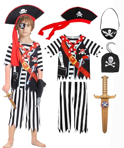 IKALI Piratenkostüm Kinder, Junge Pirat Kostüm Caribbean Buccaneer Fancy Kleid Outfit für Fasching Karneval Party 8-10 Jahre von IKALI