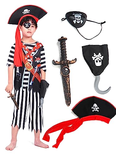 IKALI Piratenkostüm Kinder, Junge Pirat Kostüm Caribbean Buccaneer Fancy Kleid Outfit für Fasching Karneval Party 7-8 Jahre von IKALI