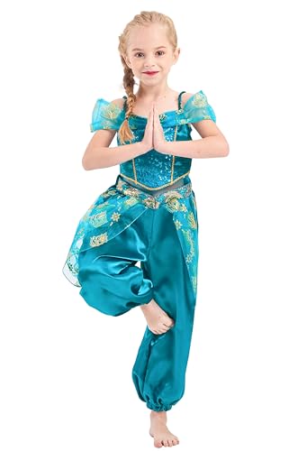 IKALI Kinder Prinzessin Kostüm Mädchen Jasmin Cosplay Ankleiden Pailletten Outfits für Halloween Geburtstagsfeier 4-6 Jahre von IKALI