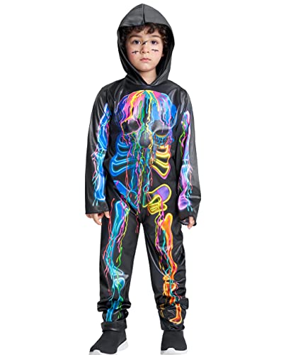 IKALI Kinder Skelett Jumpsuit Mädchen Halloween Farbschädel Kostüm Knochenmiss Jungen Horror ghastly Kapuze für Party 4-6Jahre von IKALI