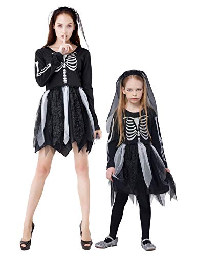 IKALI Kinder Skelett Kostüm, Mädchen Halloween Overall Kleid unheimlich Bekleidung Langarm für Karneval-Party, Welt-Buch-Tag 3-4Jahre von IKALI