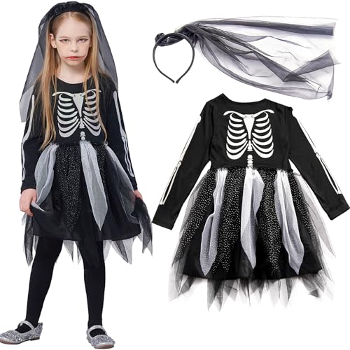 IKALI Kinder Skelett Kostüm, Mädchen Halloween Overall Kleid unheimlich Bekleidung Langarm für Karneval-Party, Welt-Buch-Tag 8-10 Jahre IKALI Kinder Skelett Kostüm, Mädchen Halloween Overall Kleid unheimlich Bekleidung Langarm für Karneval-Party, Welt-Buch-Tag 8-10 Jahre von IKALI