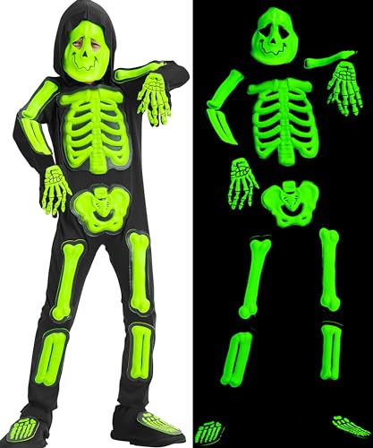 IKALI Kinder Skelett Kostüm Glow in the Dark Halloween 3D Knochen Kostüm leuchten im Dunkeln Kostümierung mit Kapuze und Maske 4-6Jahre von IKALI