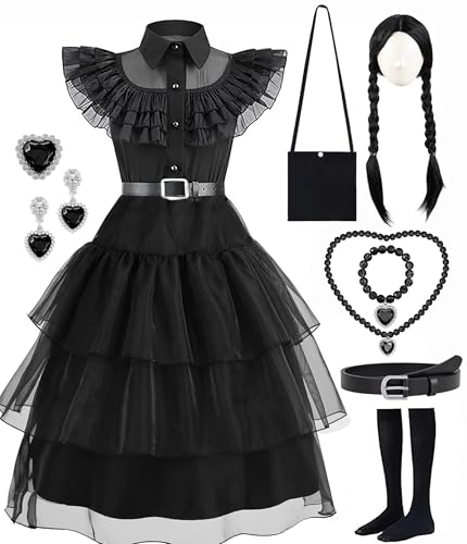 IKALI Kinder Wednesday Kostüm, Mädchen Fancy Dress Up Outfit Schwarz Tutu Kleid für Karneval Geburtstag Party mit Gürtel Perücke Tasche Strümpfe 9 Stücke 14-16 Jahre von IKALI