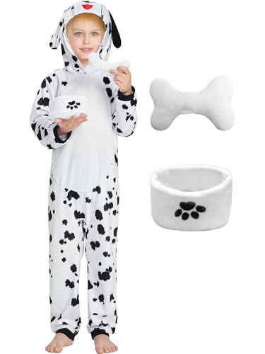 IKALI Kinder Dalmatin Kostüm, 3-teilig Spotted Hund Overall Welpen Dalmatiner Welpen Onesie Set für Jungen Mädchen Halloween Karneval Party 8-10 Jahre von IKALI