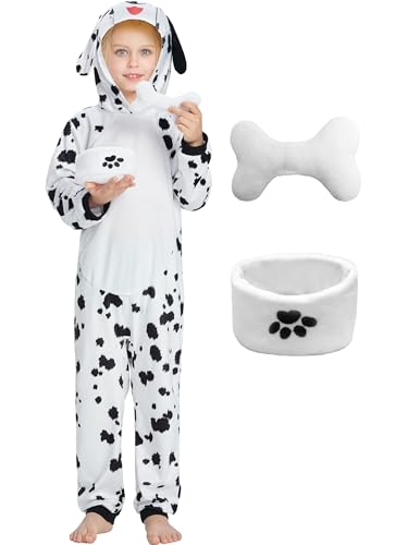 IKALI Kinder Dalmatin Kostüm, 3-teilig Spotted Hund Overall Welpen Dalmatiner Welpen Onesie Set für Jungen Mädchen Halloween Karneval Party 3-4 Jahre von IKALI