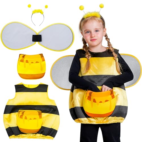 IKALI Kinder kostüm Hummel Halloween Fancy Dress Up Mädchen Buchwoche weste Kostüm mit Flügeln, Stirnband, Honigtasche, 4 Stück, 4-6 Jahre von IKALI