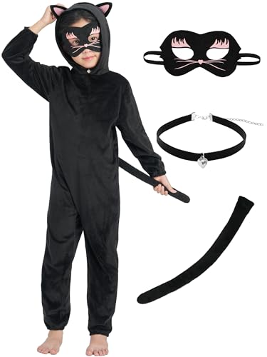 IKALI Kinder schwarze Katze Kostüm, 3-teilige Overall mit Kapuze Fancy Dress Up Outfit Jungen Mädchen Rollenspiel für Halloween Karneval Party 3-4 Jahre von IKALI