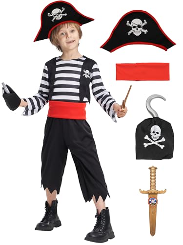 IKALI Kinderkostüm Pirat- 6 teiliges Piratenkostüm für Jungen, Karneval Halloween Party Outfit mit Augenklappe, Kopfband, Säbel, Haken 4-6 Jahre von IKALI