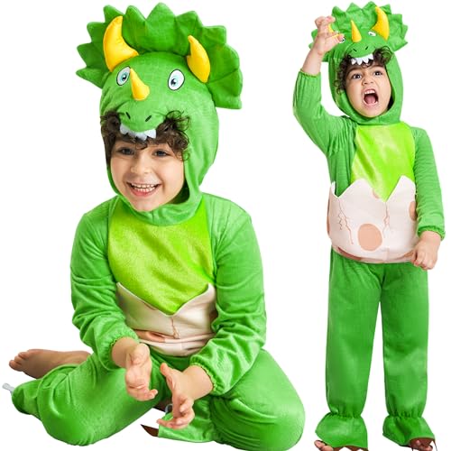 IKALI Kleinkind Kinder Dinosaurier Kostüm, Dino Triceratops Jumpsuit Halloween Karneval Deluxe Outfit mit Kapuze für Mädchen Jungen 2 Jahre von IKALI