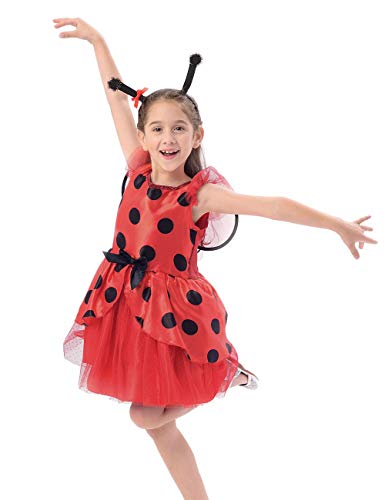 IKALI Ladybug kostüm kinder mädchen, Marienkäfer Tierischeskleid Ballerina Tutu Rock für Karneval Fasching mit Flügel, Stirnband 4-6 Jahre von IKALI