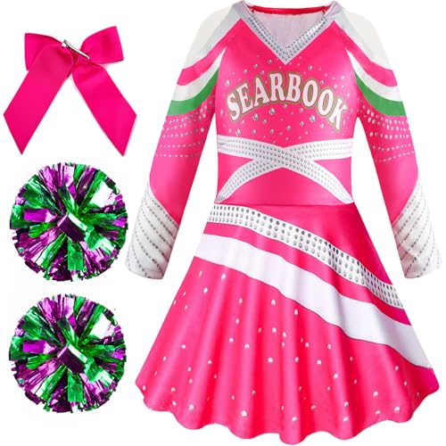 IKALI Mädchen Cheerleader Kostüm Kinder Karneval Kostüm Outfit Rose Cheerleading Kleid mit Poms Poms 3-4 Jahre von IKALI