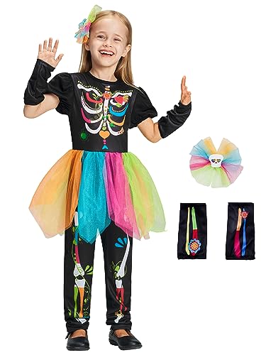 IKALI Mädchen Farbe Skelett Kostüm Halloween Knochen Kostüm mit Mesh Rock Arm Cover Haarspangen 3Stück 8-10Jahre von IKALI