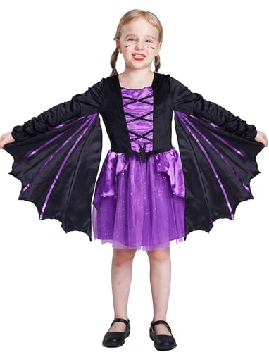 IKALI Mädchen Fledermaus Kostüm Halloween Fledermaus Hexenkleid Kinder Deluxe Flügel Rollenspiel Outfit für Karnevals party 7-8Jahre von IKALI