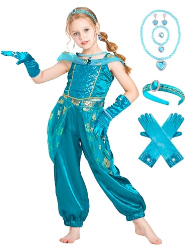 IKALI Kinder Jasmin Kostüm Mädchen Prinzessin Fancy Dress Outfit für Halloween Weihnachten World Book Day Karneval Party mit Stirnband Handschuh Halskette 3-4 Jahre von IKALI