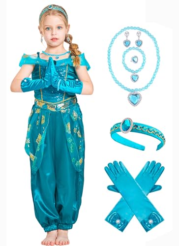 IKALI Kinder Jasmin Kostüm Mädchen Prinzessin Fancy Dress Outfit für Halloween Weihnachten World Book Day Karneval Party mit Stirnband Handschuh Halskette 4-6 Jahre von IKALI