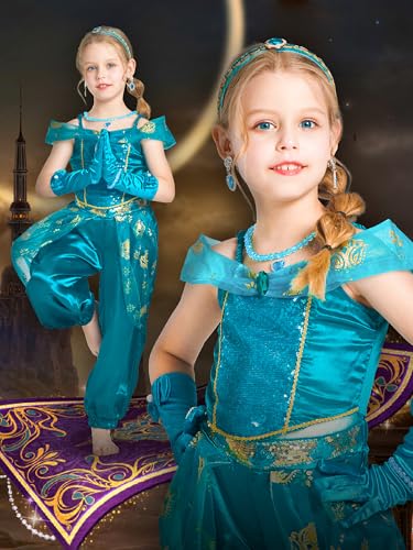 IKALI Kinder Jasmin Kostüm Mädchen Prinzessin Fancy Dress Outfit für Halloween Weihnachten World Book Day Karneval Party mit Stirnband Handschuh Halskette 7-8 Jahre von IKALI