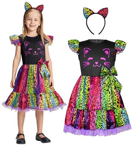 IKALI Mädchen Katzen kostüm, Karneval Kleid mit Stirnband Kinder Tierkostüm für Cosplay 3-4 Jahre von IKALI