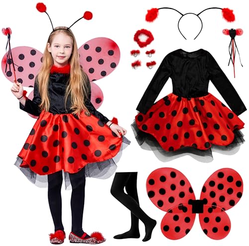 IKALI Marienkäfer Kostüm Kinder, Mädchen Ladybug Kostüm Tierischeskleid Ballerina Tutu Rock für Karneval Partei Rollenspiele mit Flügeln, Zauberstab 10 Stücke Set (Luxuriöser Rock, 4-6 Jahre) von IKALI