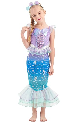 IKALI Mädchen Prinzessin Dress Up Kostüm Kleinkind Kinder Meerjungfrau Märchen Party Kostüm Buntes Outfit mit Stirnband 3-4 Jahre/110 von IKALI