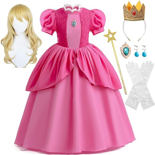 IKALI Kinder Peach Kostüm, Mädchen Prinzessin Fancy Dress Outfit Super Bros Rosa Kleid für Karneval Geburtstag Party mit Stirnband Ohrringe Handschuhe Zauberstab Brosche & Perücke 7 Stück 7-8Jahre von IKALI