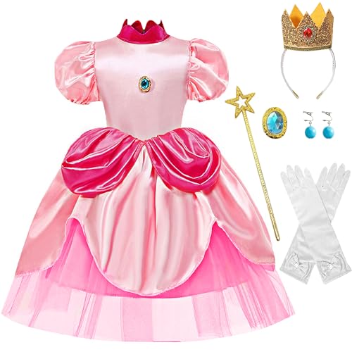 IKALI Mädchen Peach Kostüm Super Bros Prinzessin Fancy Dress Up Outfit für Karneval Rollenspiel 3-4Jahre von IKALI