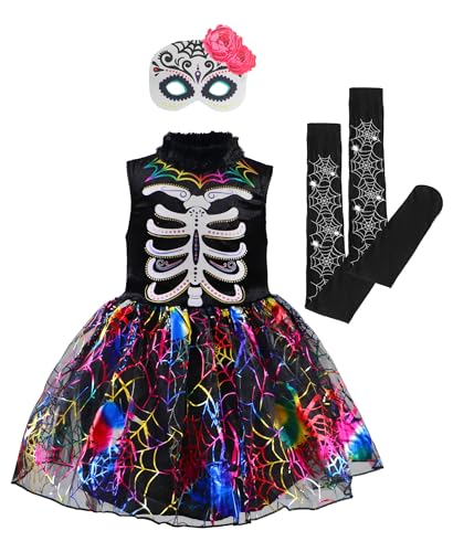 IKALI Mädchen Spinne Skelett Kostüm, Halloween Regenbogen Knochen Verrücktes Kleid Magie Hexe Outfit mit Accessoires 3 Stück 10-12Jahre von IKALI