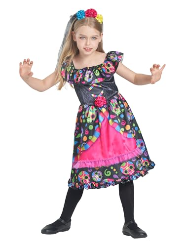 IKALI Mädchen Tag der Toten Kostüm Halloween Skelett gedruckt Fancy Dress Up Outfit mit Mesh Stirnband 3-4Jahre von IKALI