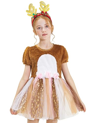 IKALI Rentier Kostüm Kinder Weihnachten Rudolf Hirsche Kostüme Tutu Kleid für Mädchen Weihnachtsmann Santa Claus Helper Dress Up Outfit mit Stirnband 3-4 Jahre von IKALI