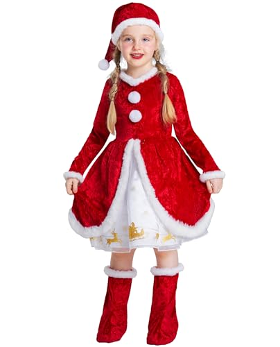 IKALI Mädchen Weihnachtsmann Kostüm, Weihnachts Prinzessin Kleid Kinder Weihnachtself Kostüm mit Hut Schuhüberzug 3-Stücke 3-4 Jahre von IKALI