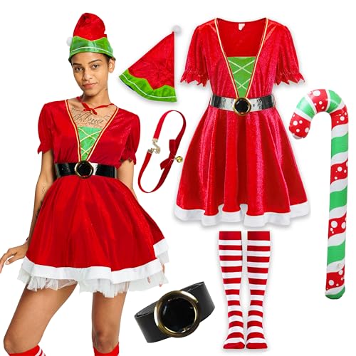 IKALI Weihnachtskleid Damen Elfen Kostüm, Miss Santa Kostüm Frauen Weihnachten Fancy Kleid Outfit Santa Kostüm mit Hut Halskette Gürtel Strumpf M von IKALI