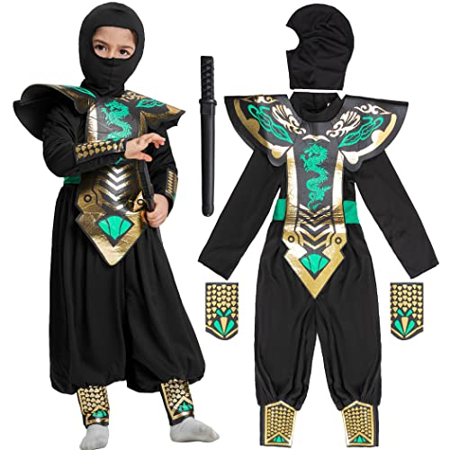 IKALI Kinder Ninja Kostüm, Dragon Ninja Kostüm Grüner Kung Fu Outfit mit Deluxe-Zubehör, Schaumstoff Zubehör, Hut, Handgelenk, Samurai-Schwert 5 Stück für Karneval Halloween Rollenspiel 4-6 Jahre von IKALI