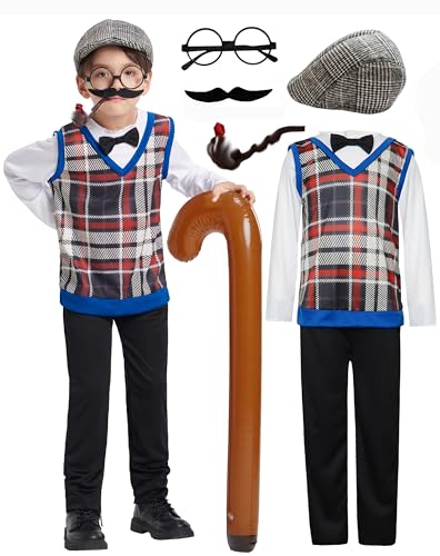 IKALI Opa Kostüm Kinder, Alter Mann Fancy Dress Outfit für Karneval Halloween Party Großvater Onesie mit Brillen Hut Schnurrbart Spazierstock 6 Stücke 8-10Jahre von IKALI