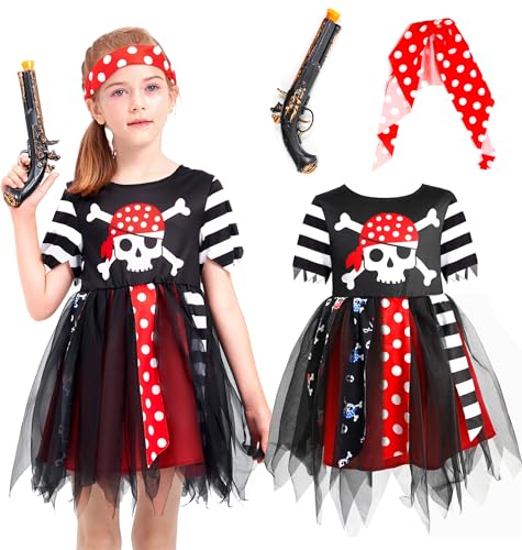 IKALI Piratenkostüm für Mädchen mit Pistole, Halloween Buch Charakter Geschenk Party Dress Up Outfit Captain Pretend Role Buccaneer Play 110/116 von IKALI