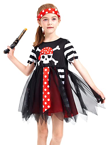 IKALI Piratenkostüm für Mädchen mit Pistole, Halloween Buch Charakter Geschenk Party Dress Up Outfit Captain Pretend Role Buccaneer Play 110/116 von IKALI