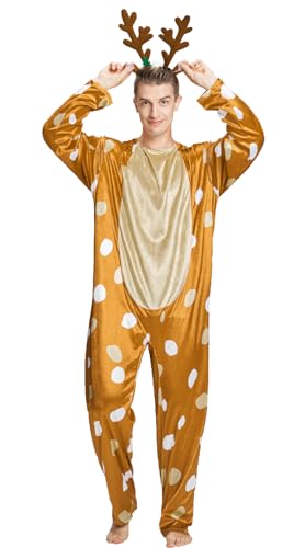 IKALI Rentier Kostüme Erwachsene Weihnachts Rudolf Hirsch Kostüme Weihnachten kleidung Outfits Hirsch Tier Onesie mit Stirnband L-XL von IKALI