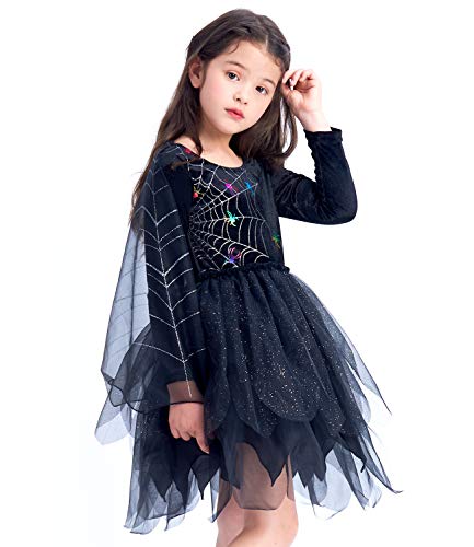 IKALI Schwarze Hexe Kostüm Mädchen Spinne Tutu Kleid Halloween Teufel Outfit Magisches Kostüm 10-12 Jahre von IKALI