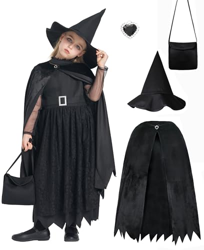 IKALI Schwarze Hexe Kostüm für Mädchen Halloween Magie Hexe Fancy Kleid Outfit Kinder Wicked Kleid mit Cape, Tasche, Hut für Kinder Rollenspiel Karneval Party 3-4 Jahre von IKALI