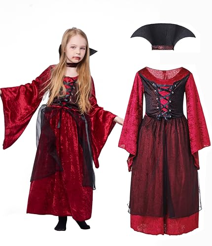 IKALI Vampir Kostüm Kinder Mädchen, Gothic Kurz Königin Kapuzen Robe mit Kragen für Halloween 3-4Jahre von IKALI